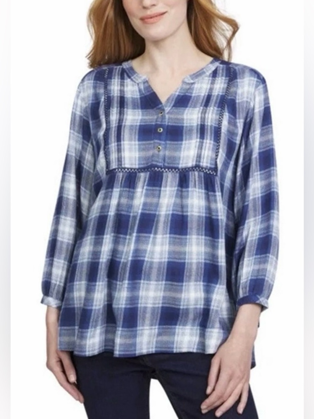 Wrangler Women's Size 3/4 Sleeve Plaid Blouse, Blue